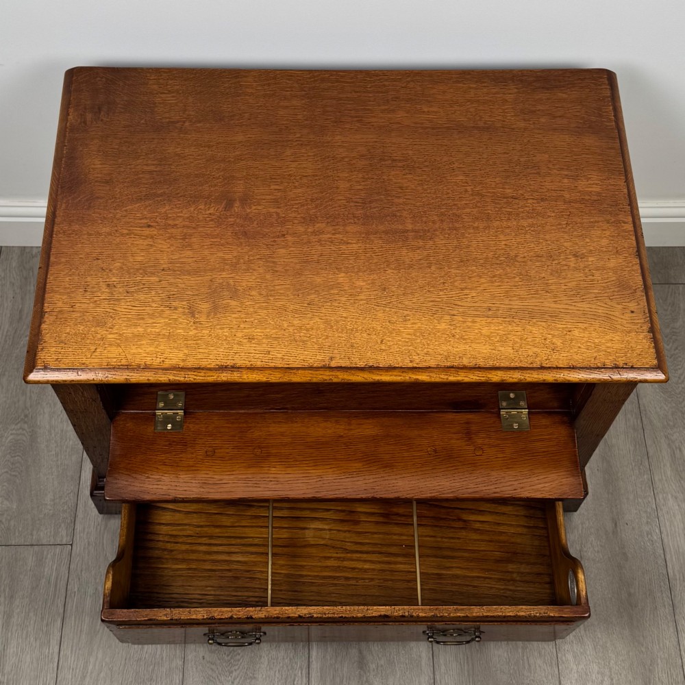 A low two-drawer oak chest featuring raised panel fronts, decorative brass drop handles, and bracket feet in a warm brown finish. View XI