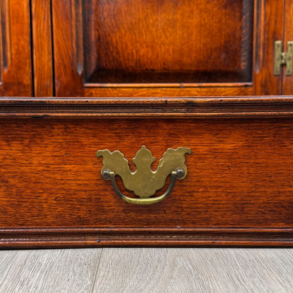 A twentieth-century warm oak sideboard featuring three upper drawers with brass handles above three cupboard doors decorated with geometric moulded panels and exterior brass H-hinges. View XII