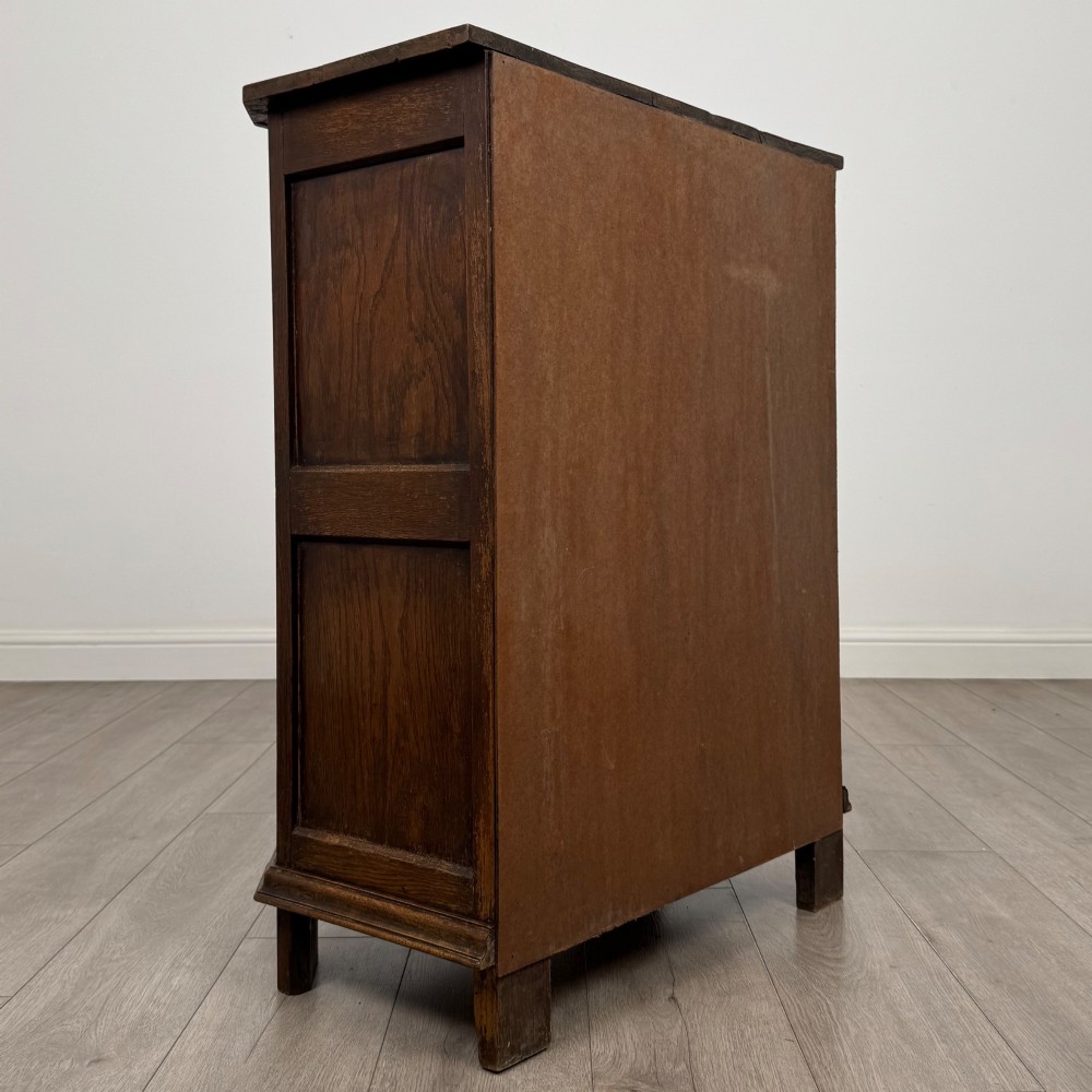 A small dark oak cupboard featuring a single carved top drawer above a panelled cupboard door with iron hinges. View V