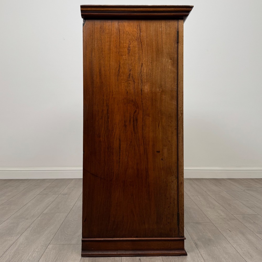 An antique early twentieth-century two-door walnut linen cupboard featuring double panelled doors, a moulded top cornice, and a central brass teardrop handle. View VIII