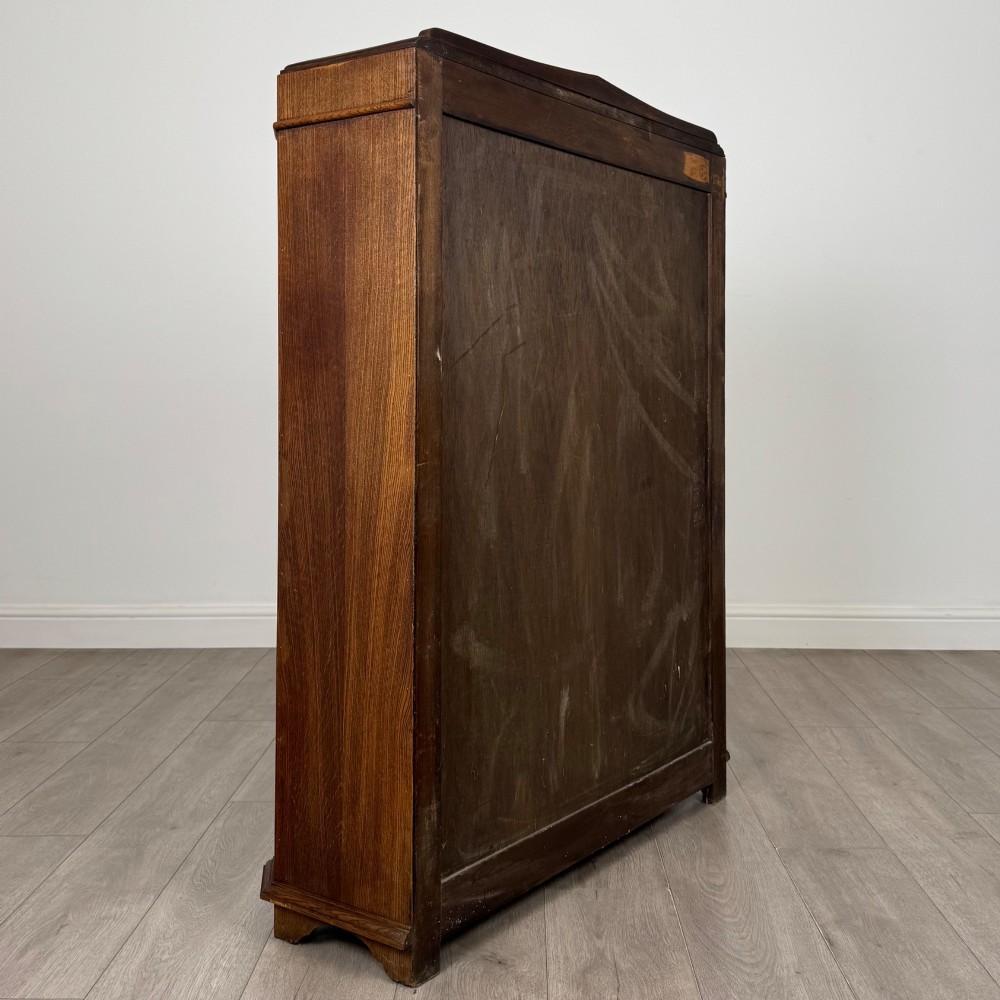 A twin-door dark oak display cabinet featuring leaded glass upper panels, carved decorative lower panels, and ornate metal hinges. View V