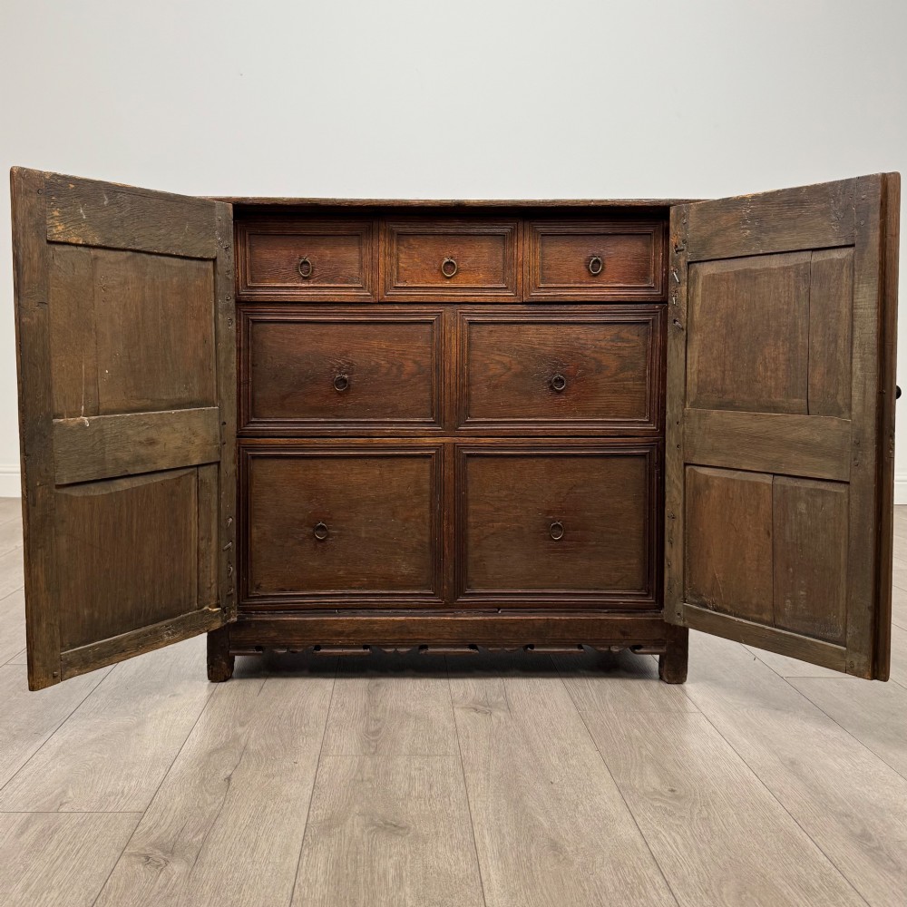 A seventeenth-century oak cupboard featuring two panelled doors with moulded trim and hand-forged iron hinges. View II