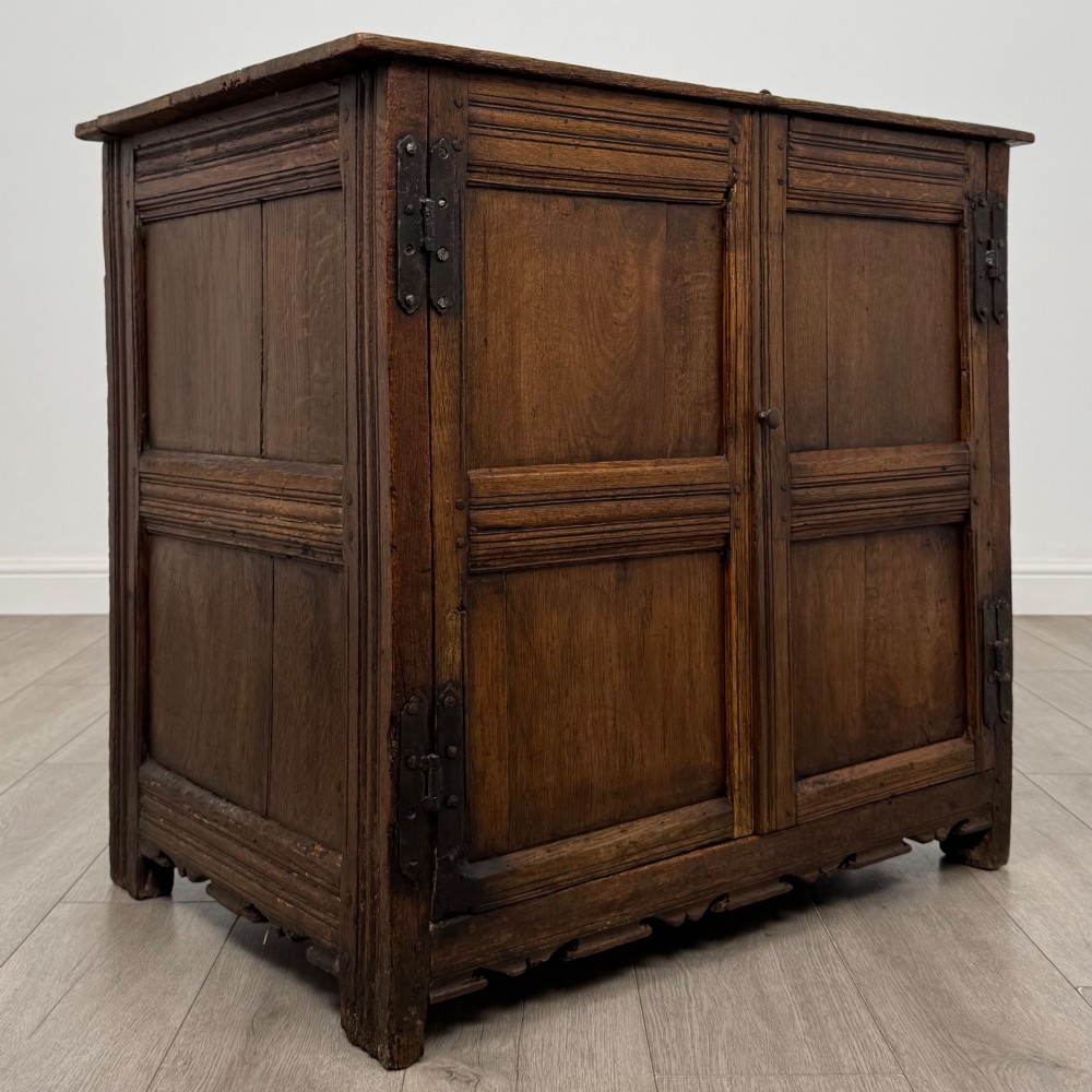 A seventeenth-century oak cupboard featuring two panelled doors with moulded trim and hand-forged iron hinges. View IX