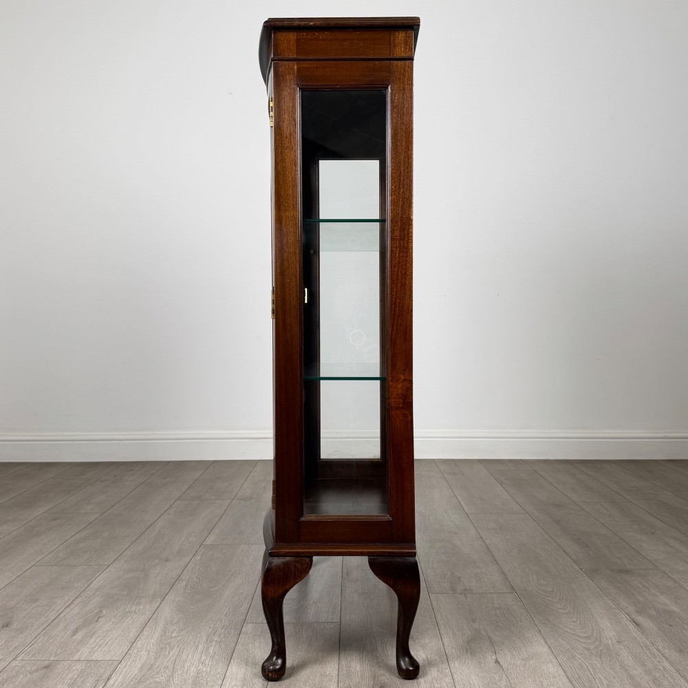 An antique mahogany display cabinet featuring a single door with geometric astragal glazing bars, glass shelves, and cabriole legs. View III