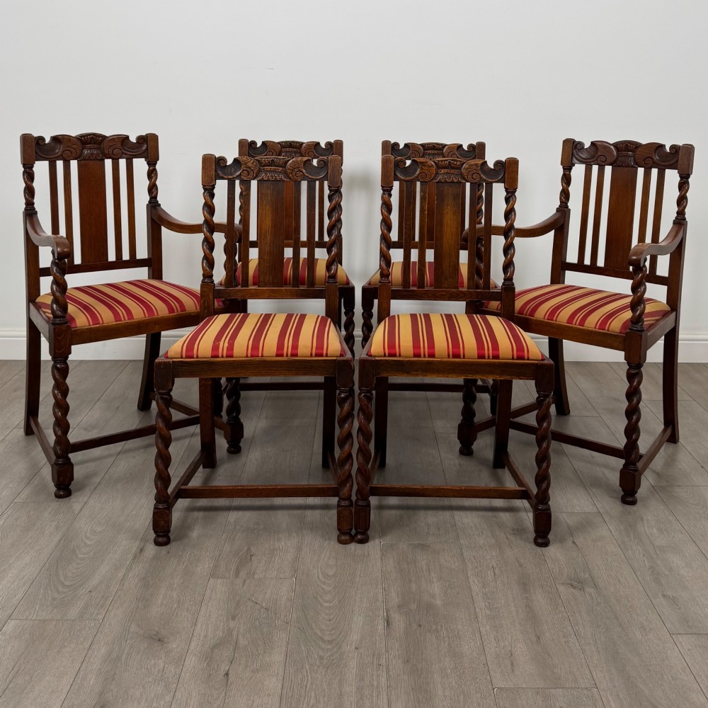 Antique 20th Century Set Of 6 Barley Twist Dining Chairs In Oak