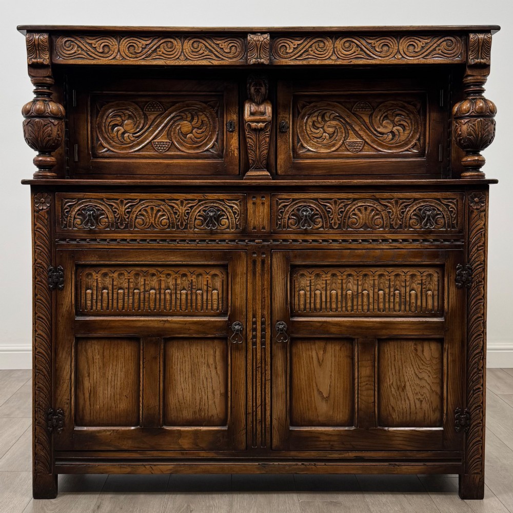 Antique 20th Century Carved Oak Court Cupboard