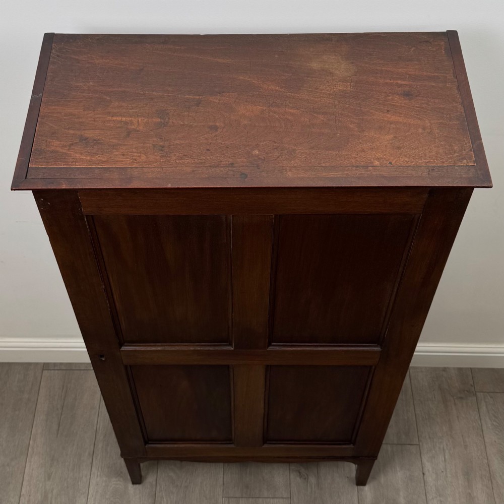 An 18th-century Georgian dark mahogany standing cabinet featuring two tall recessed field-panel doors, a subtle curved apron, and square tapered legs. View X