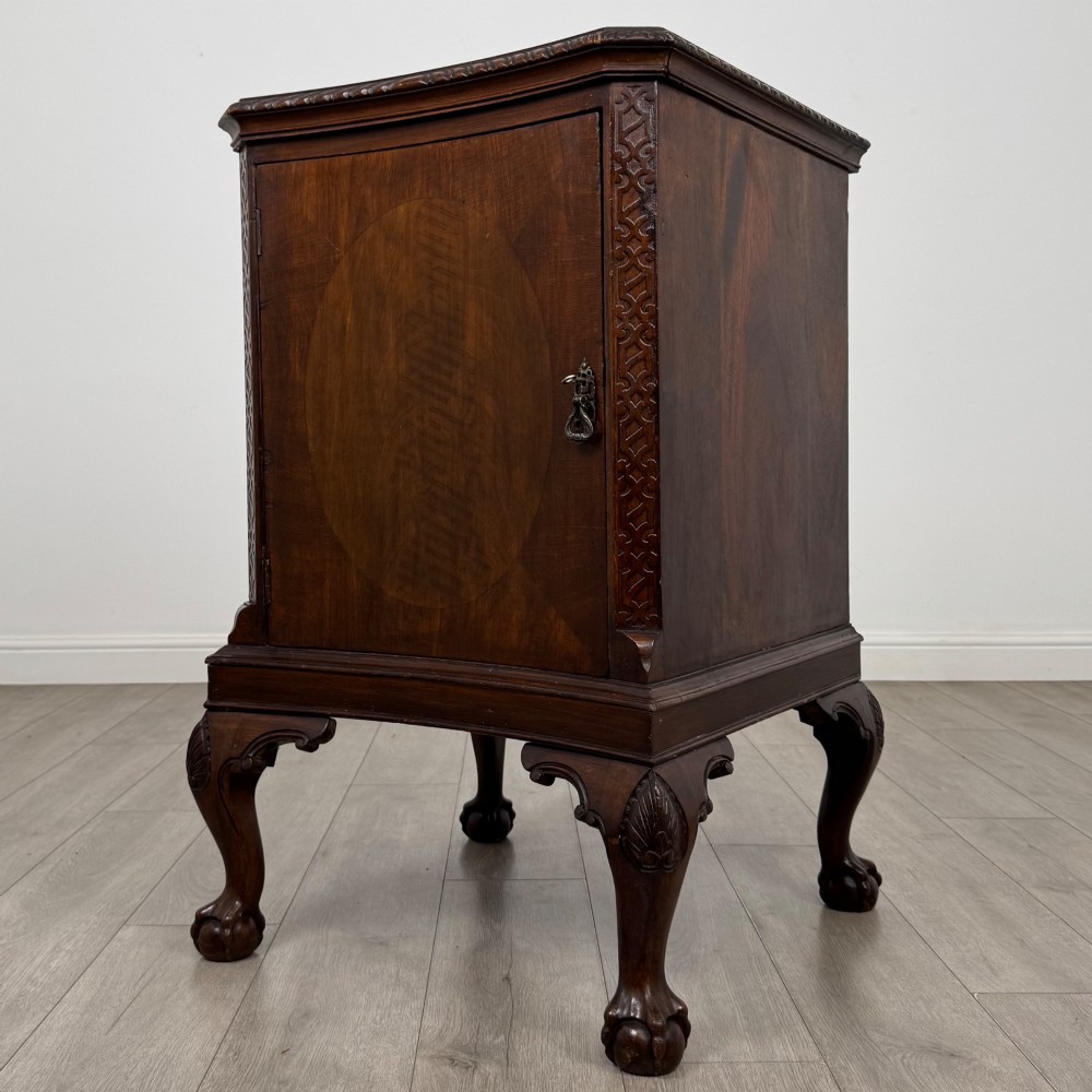 A dark mahogany Chippendale style cupboard featuring a single door with an oval flame mahogany panel, carved borders, and cabriole legs with ball-and-claw feet. View III