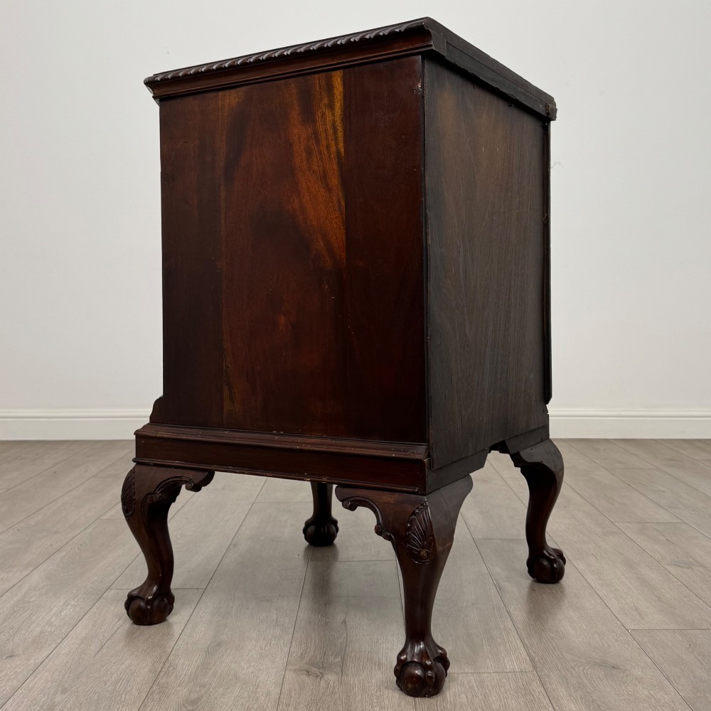 A dark mahogany Chippendale style cupboard featuring a single door with an oval flame mahogany panel, carved borders, and cabriole legs with ball-and-claw feet. View V
