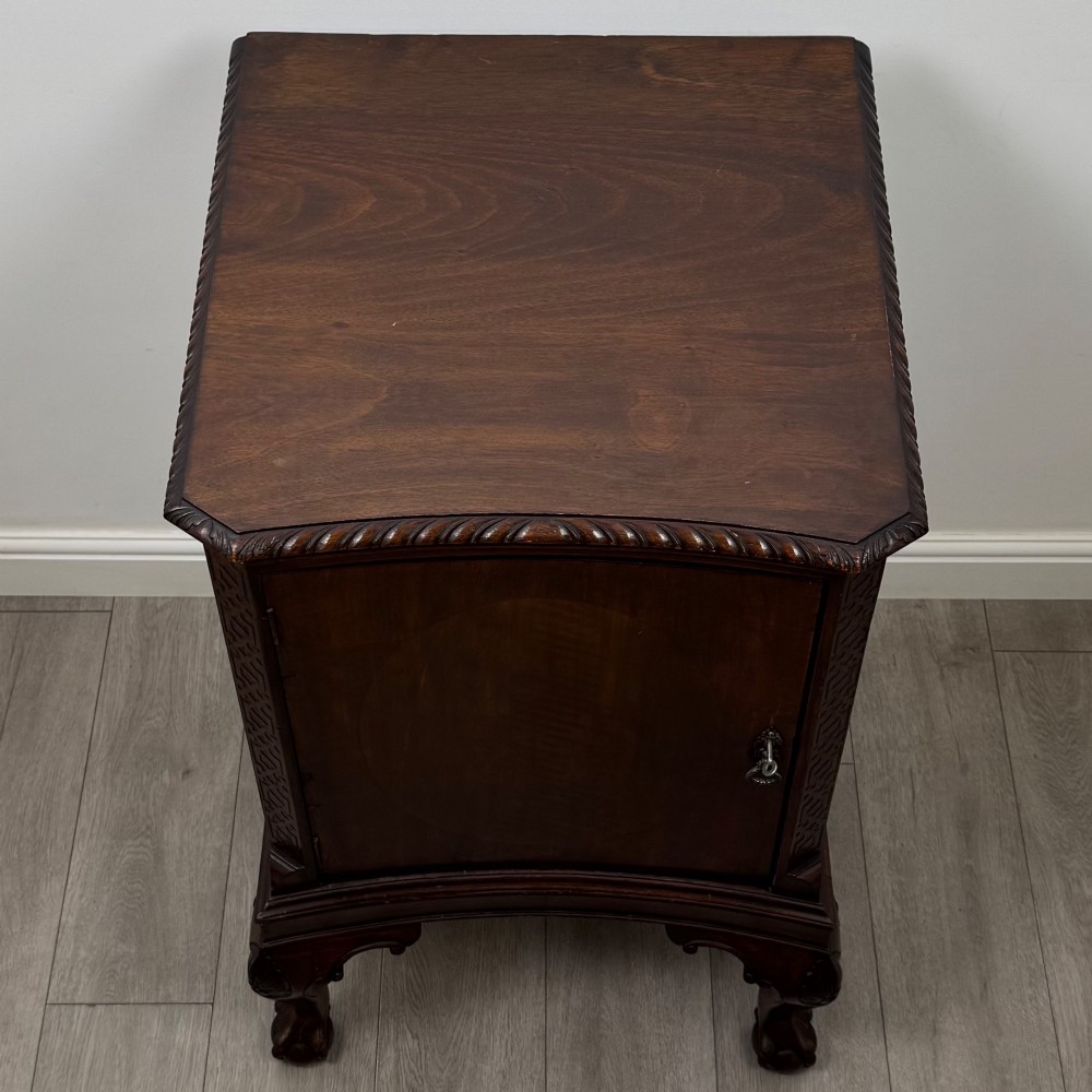 A dark mahogany Chippendale style cupboard featuring a single door with an oval flame mahogany panel, carved borders, and cabriole legs with ball-and-claw feet. View X