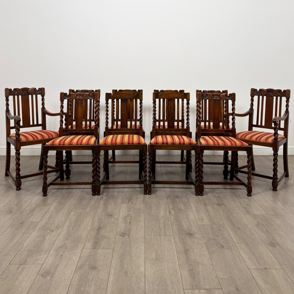 Antique 20th Century Set Of 10 Barley Twist Dining Chairs In Oak
