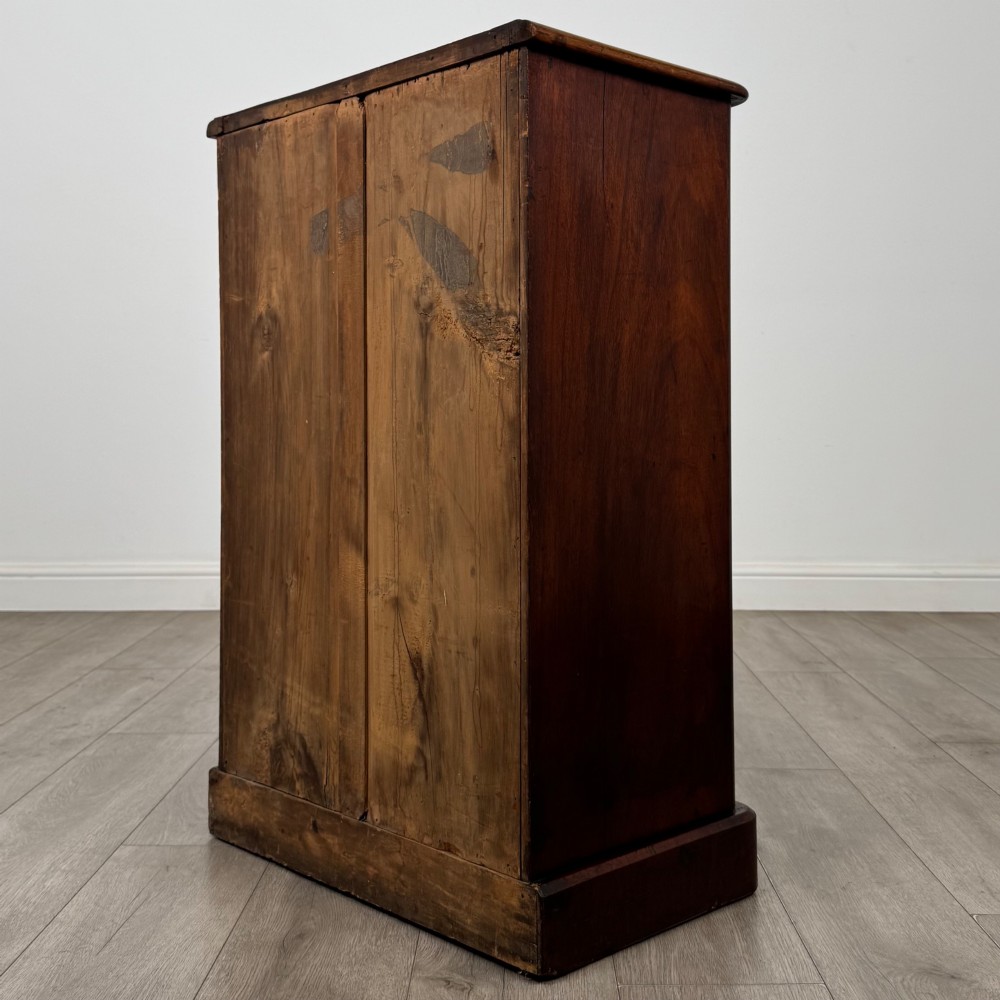 A nineteenth-century mahogany display cabinet featuring twin glazed doors with arched framing and a plinth base. View VII