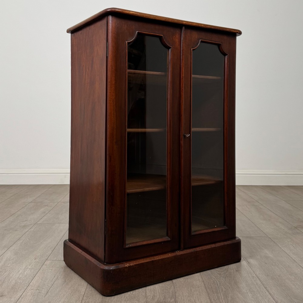 A nineteenth-century mahogany display cabinet featuring twin glazed doors with arched framing and a plinth base. View IX
