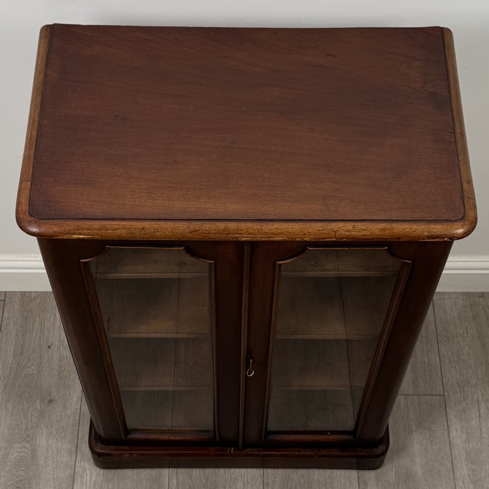 A nineteenth-century mahogany display cabinet featuring twin glazed doors with arched framing and a plinth base. View X