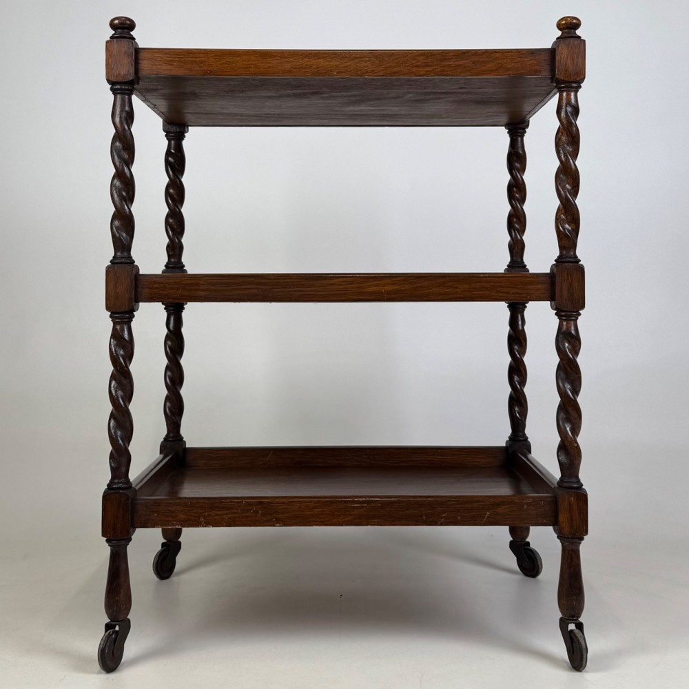 Antique 20th Century Edwardian Barley Twist Tea Trolley In Oak