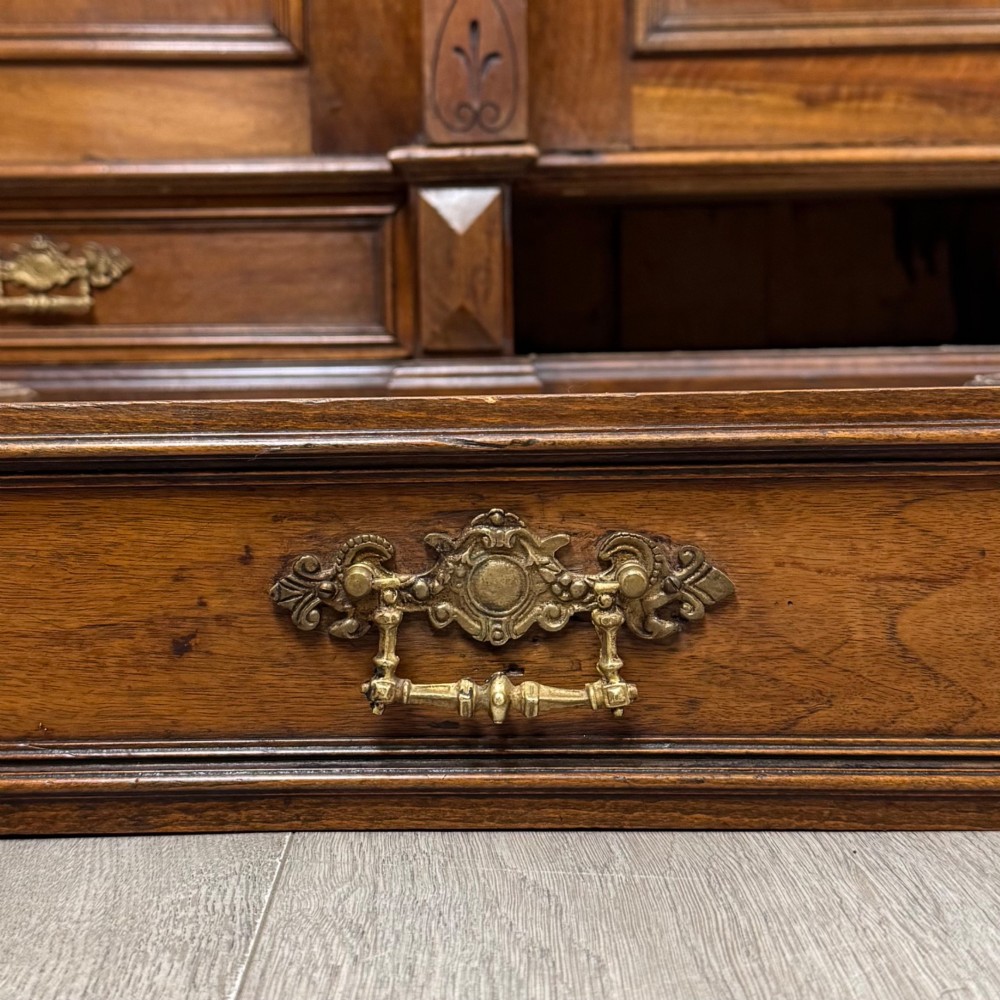 A 19th-century French walnut wardrobe with double doors featuring detailed carved foliate panels, central fluted columns, two lower drawers, and a stepped cornice. View XI
