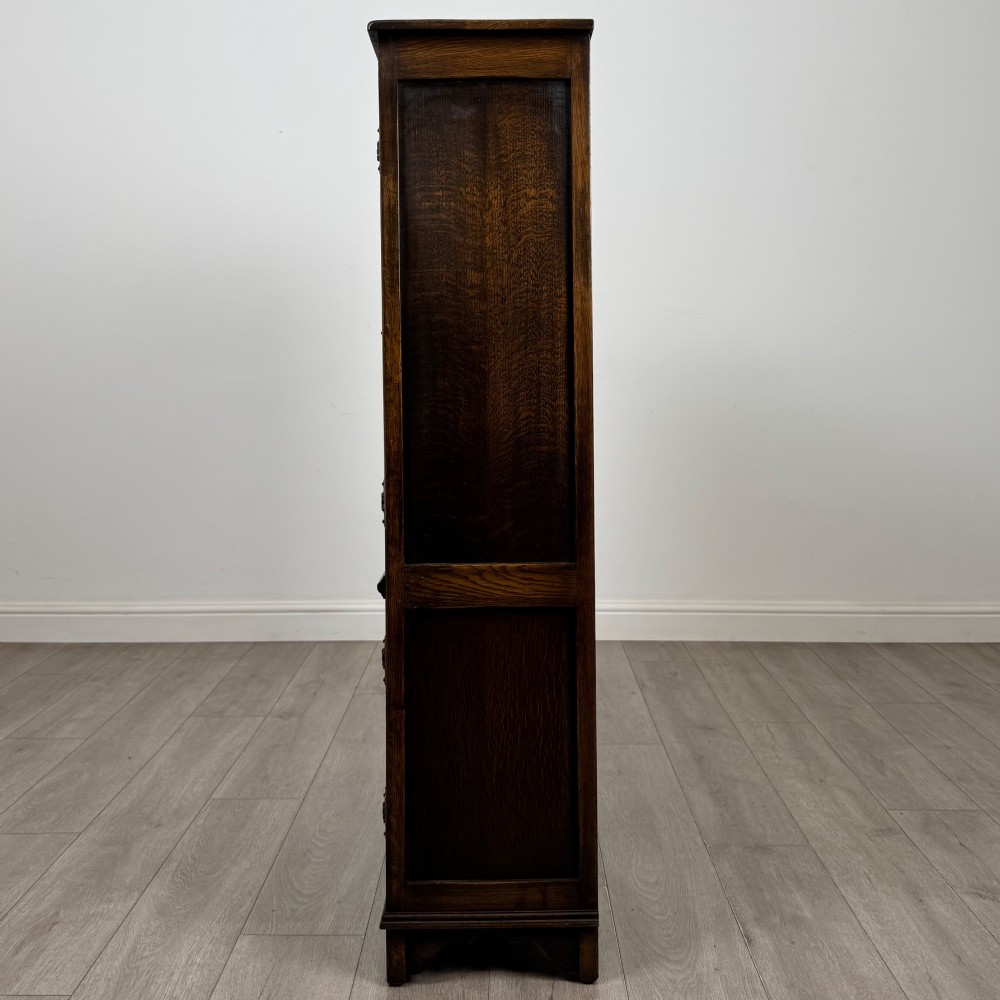 A dark oak display cabinet featuring two upper leaded glass doors, lower cupboard doors carved with linenfold panels, and decorative metal hinges. View IV