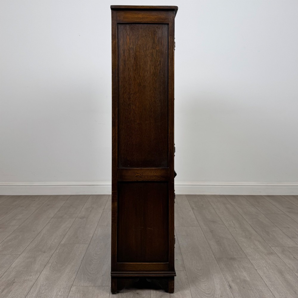A dark oak display cabinet featuring two upper leaded glass doors, lower cupboard doors carved with linenfold panels, and decorative metal hinges. View VIII