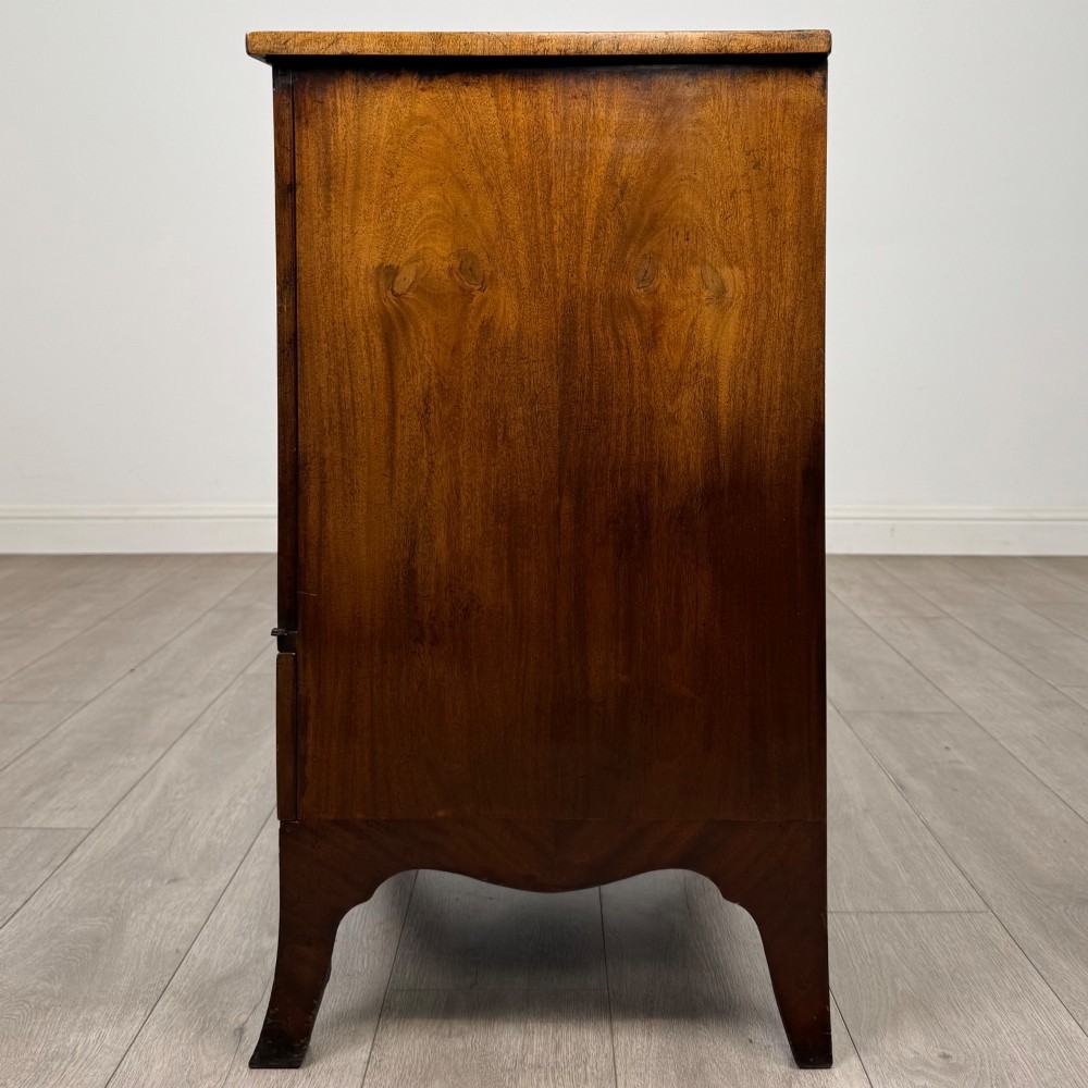A 20th-century mahogany serpentine cupboard featuring flame mahogany oval door panels, chevron veneering, a lower drawer with brass ring handles, and splayed bracket feet. View IV