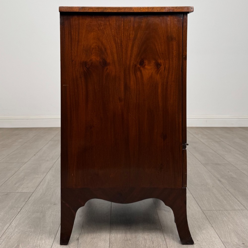 A 20th-century mahogany serpentine cupboard featuring flame mahogany oval door panels, chevron veneering, a lower drawer with brass ring handles, and splayed bracket feet. View VIII