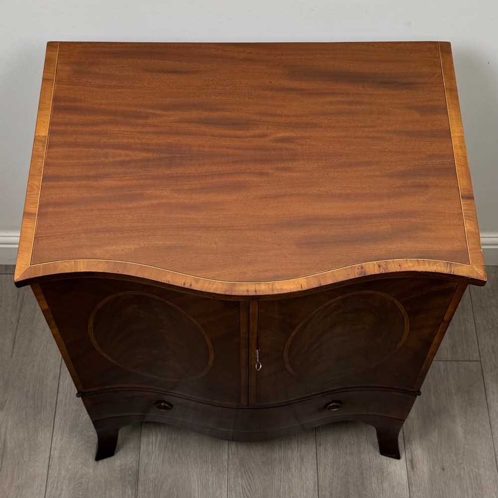 A 20th-century mahogany serpentine cupboard featuring flame mahogany oval door panels, chevron veneering, a lower drawer with brass ring handles, and splayed bracket feet. View X