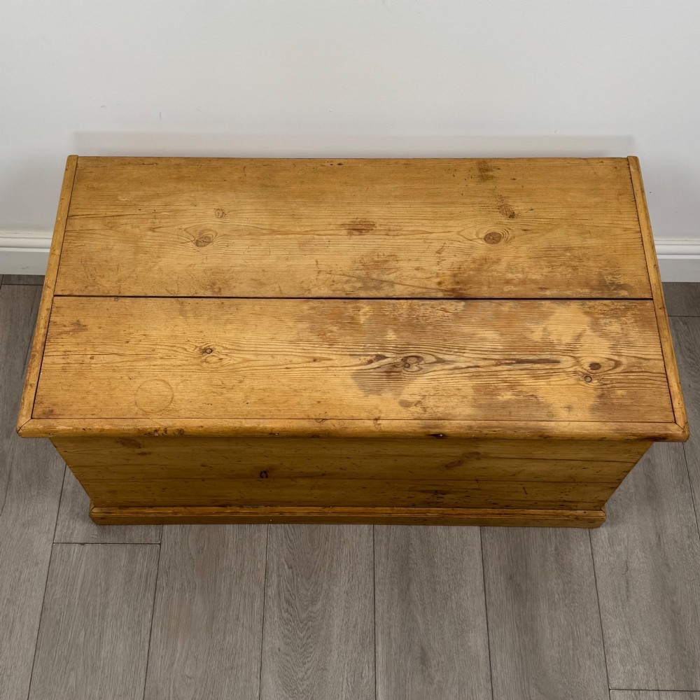 A 19th-century Victorian pine blanket box featuring a flat hinged lid, visible wood grain, central keyhole, and solid plinth base. View IX