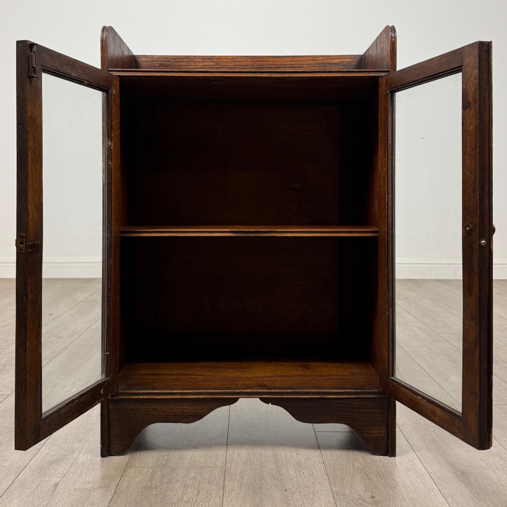 An early 20th-century dark oak display cabinet featuring twin glazed doors, an interior shelf, and a gallery top. View II