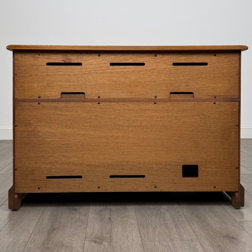 A two-door golden oak storage cupboard featuring geometric panelled doors, turned timber knobs, and a low plinth base. View VI