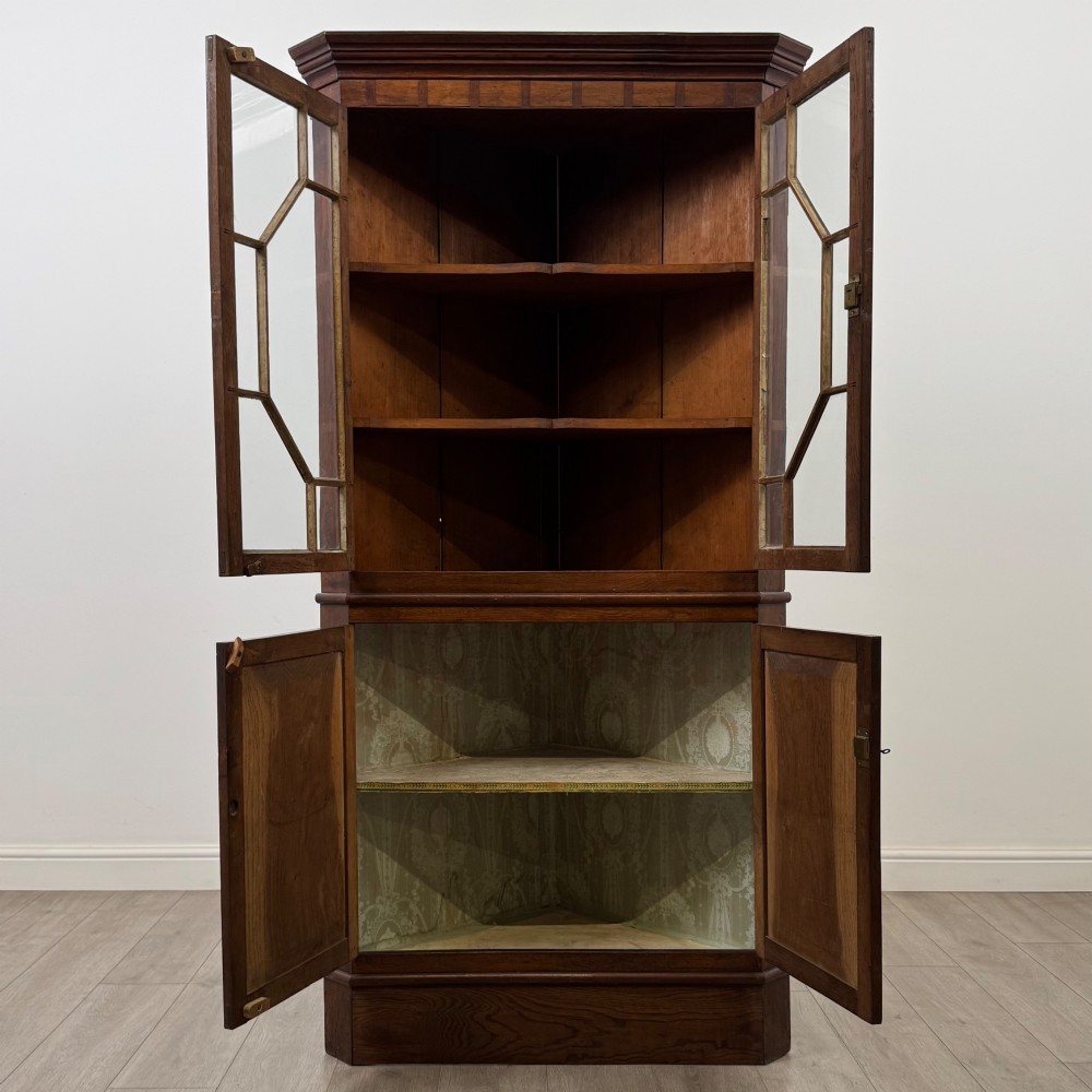An eighteenth century Georgian dark oak standing corner cabinet featuring upper geometric astragal glazed doors and lower panelled cupboard doors. View II