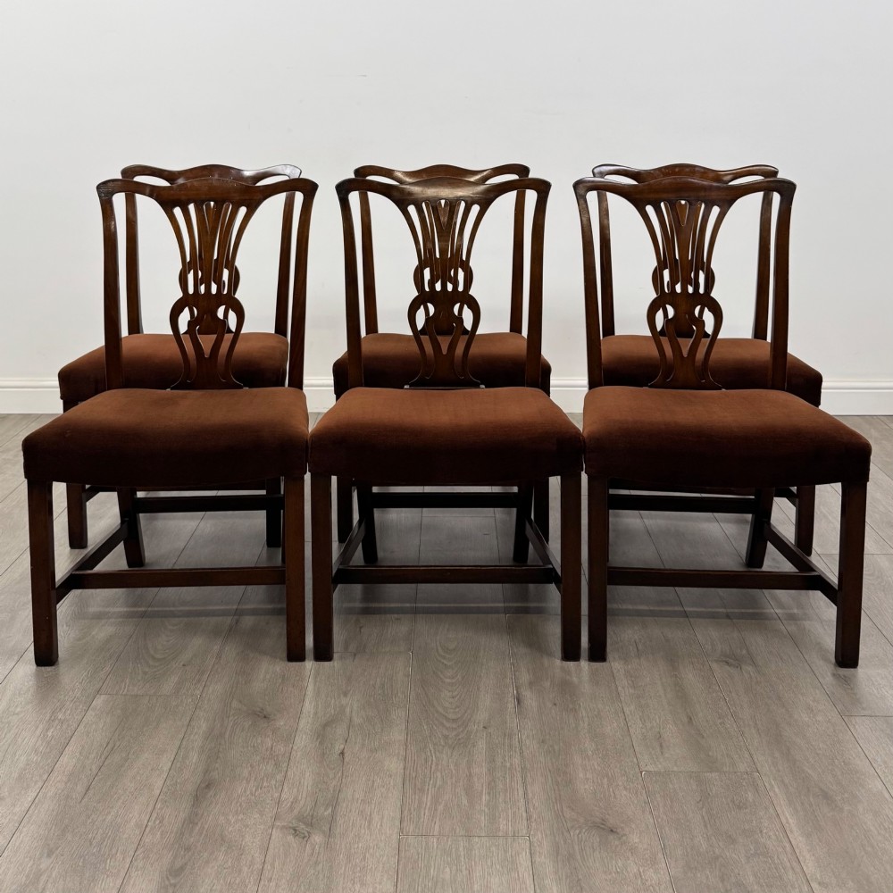 A set of six dark wood Georgian style dining chairs featuring pierced splat backs and dark brown velvet upholstered seats.