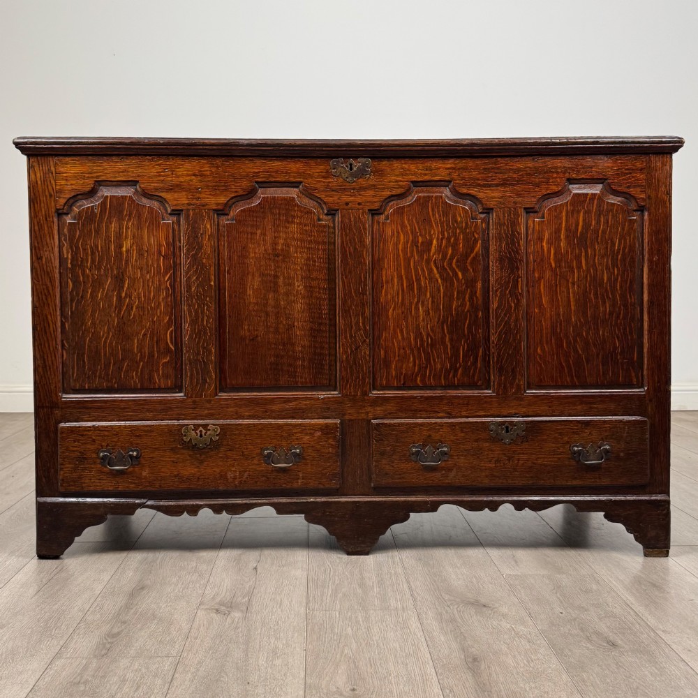 An 18th-century Georgian oak mule chest featuring four arched fielded panels, two base drawers with brass hardware, and a shaped apron.