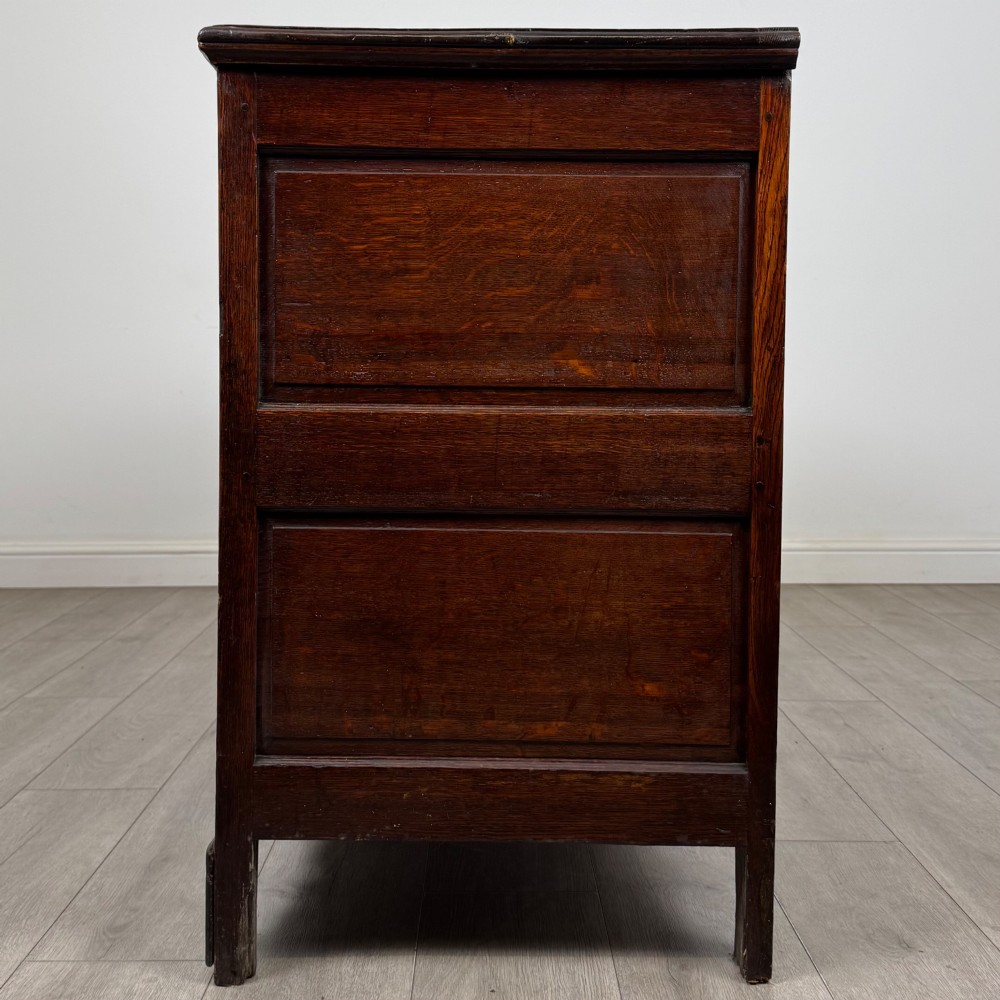 An 18th-century Georgian oak mule chest featuring four arched fielded panels, two base drawers with brass hardware, and a shaped apron. View III