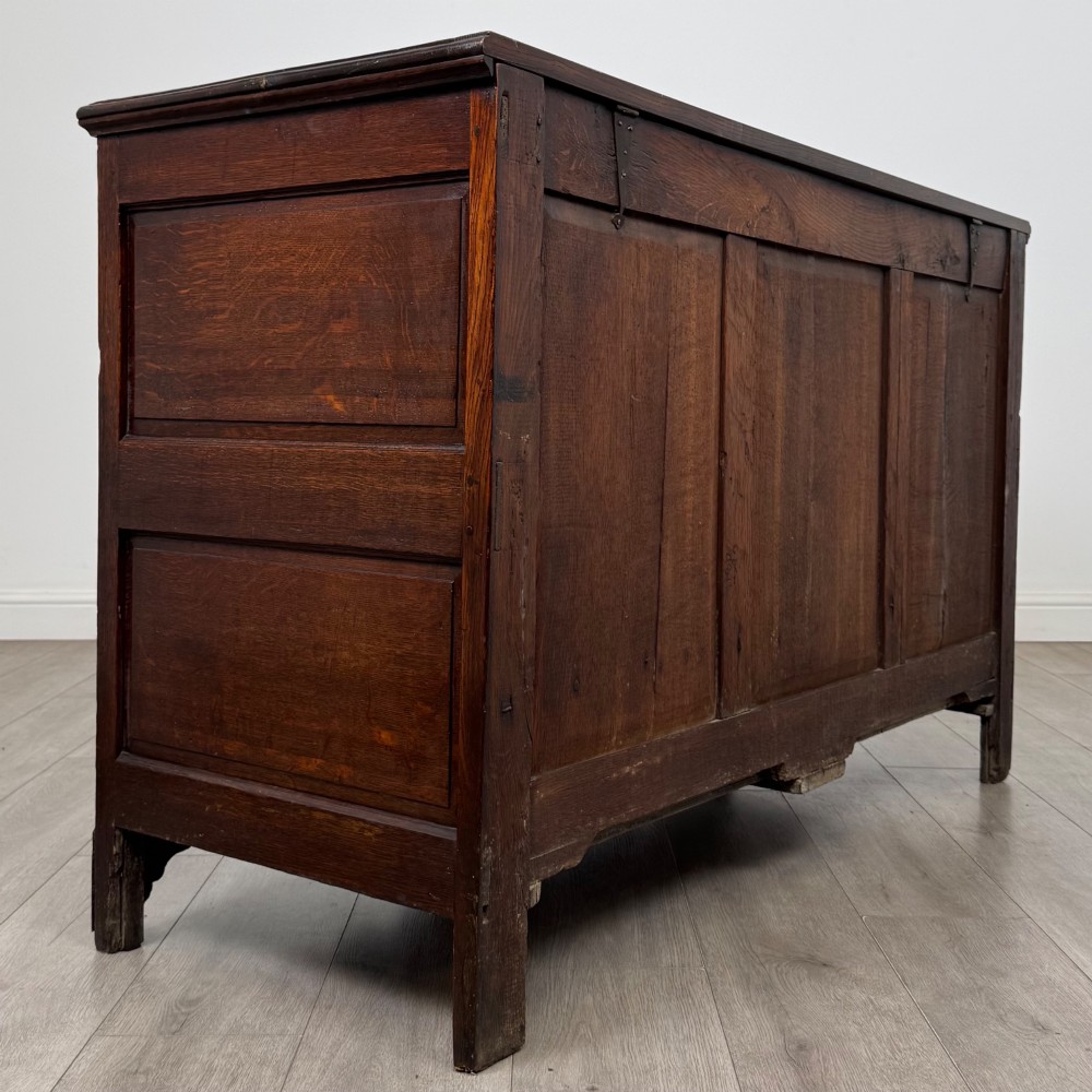 An 18th-century Georgian oak mule chest featuring four arched fielded panels, two base drawers with brass hardware, and a shaped apron. View IV