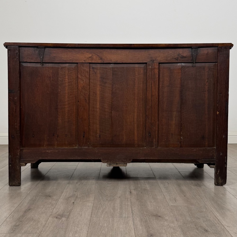 An 18th-century Georgian oak mule chest featuring four arched fielded panels, two base drawers with brass hardware, and a shaped apron. View V