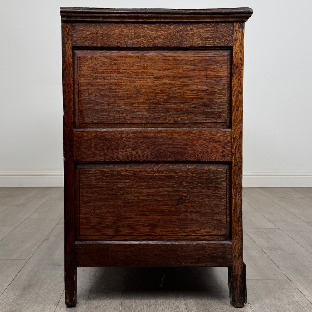 An 18th-century Georgian oak mule chest featuring four arched fielded panels, two base drawers with brass hardware, and a shaped apron. View VII