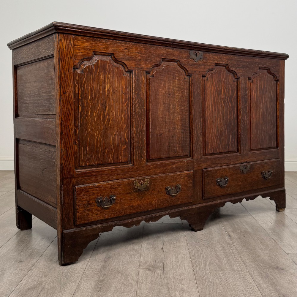 An 18th-century Georgian oak mule chest featuring four arched fielded panels, two base drawers with brass hardware, and a shaped apron. View VIII