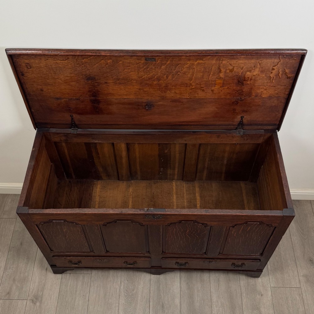 An 18th-century Georgian oak mule chest featuring four arched fielded panels, two base drawers with brass hardware, and a shaped apron. View X