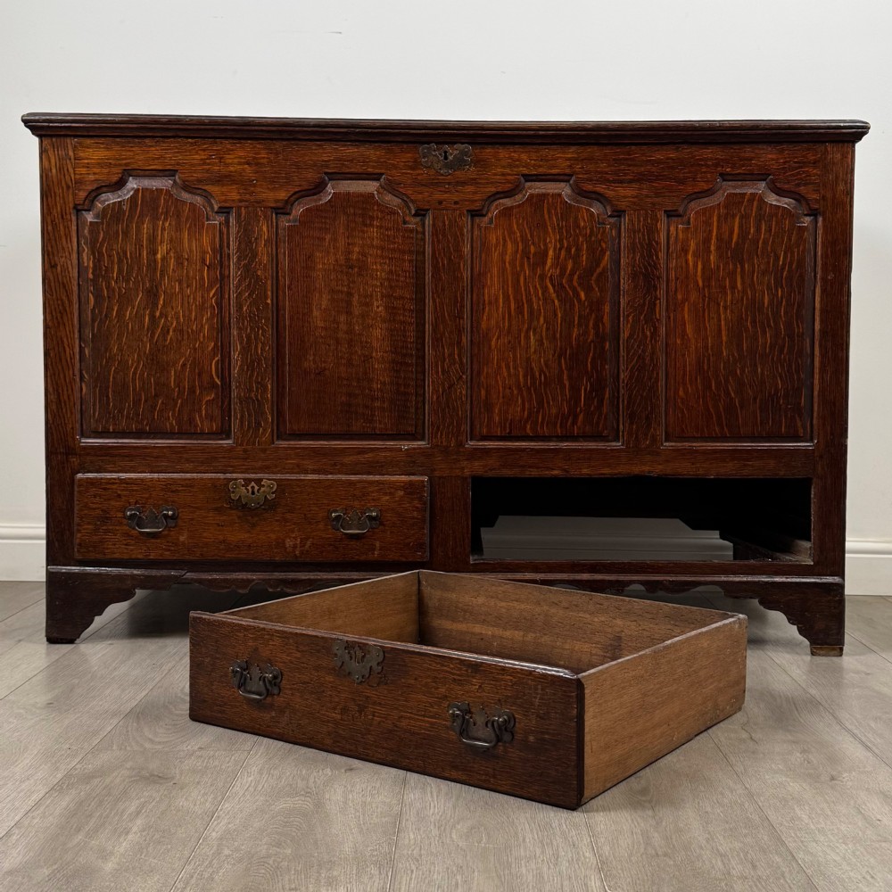 An 18th-century Georgian oak mule chest featuring four arched fielded panels, two base drawers with brass hardware, and a shaped apron. View XI