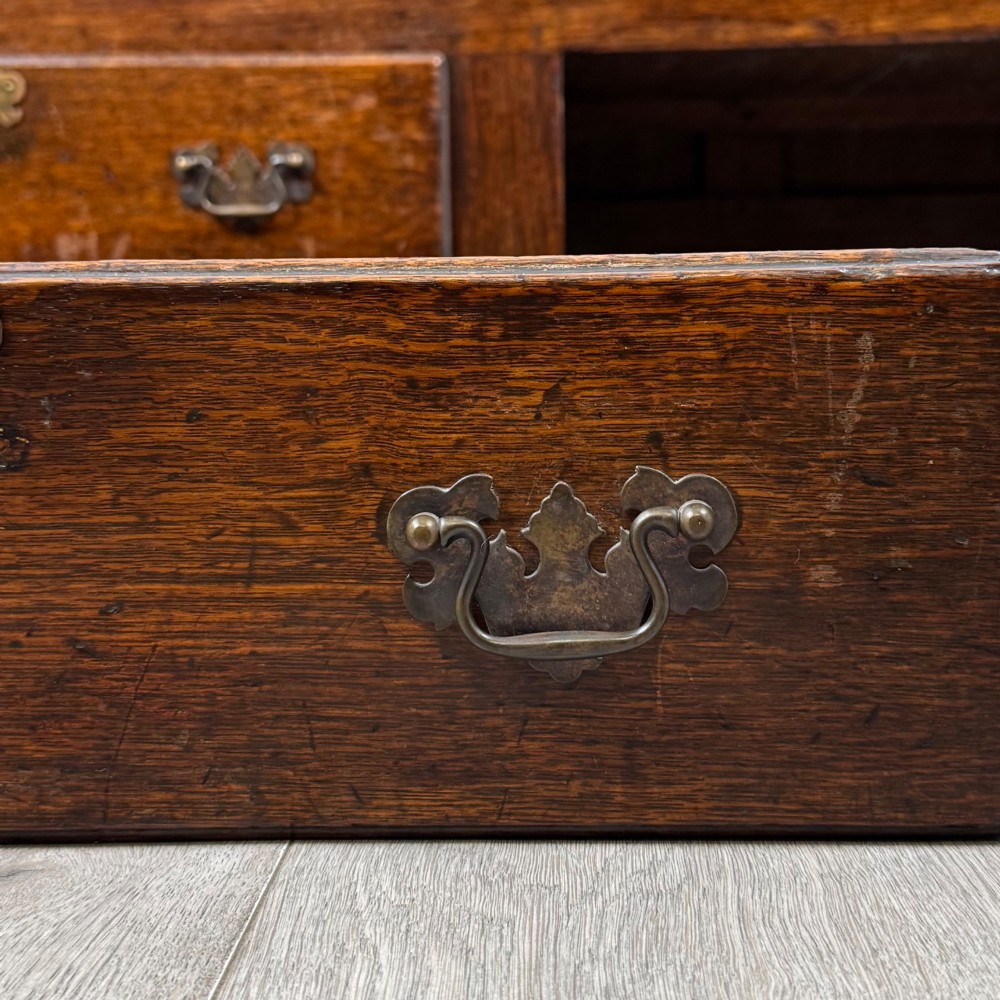 An 18th-century Georgian oak mule chest featuring four arched fielded panels, two base drawers with brass hardware, and a shaped apron. View XII