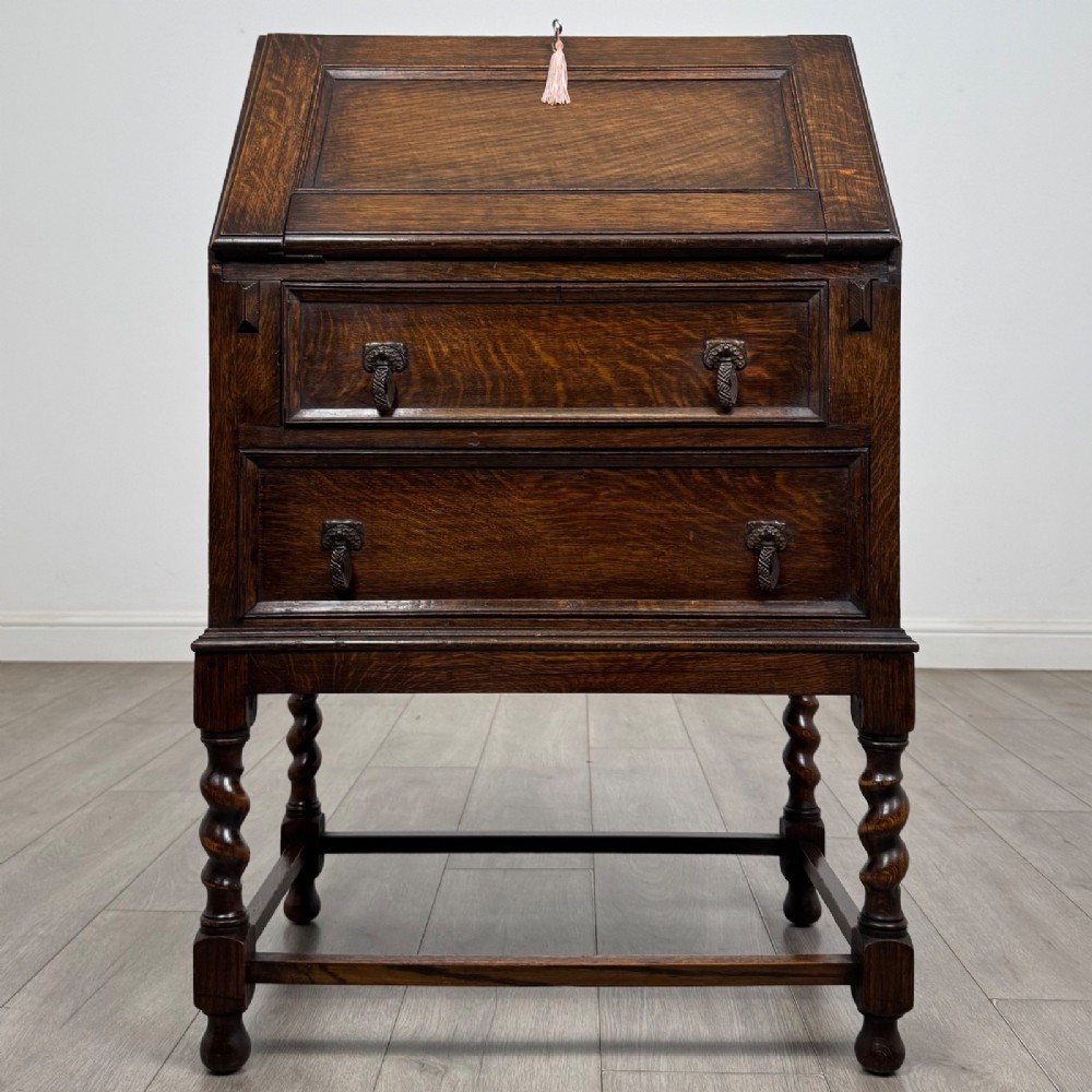 Antique Small Edwardian Oak Bureau | Barley Twist Legs | AF-6548