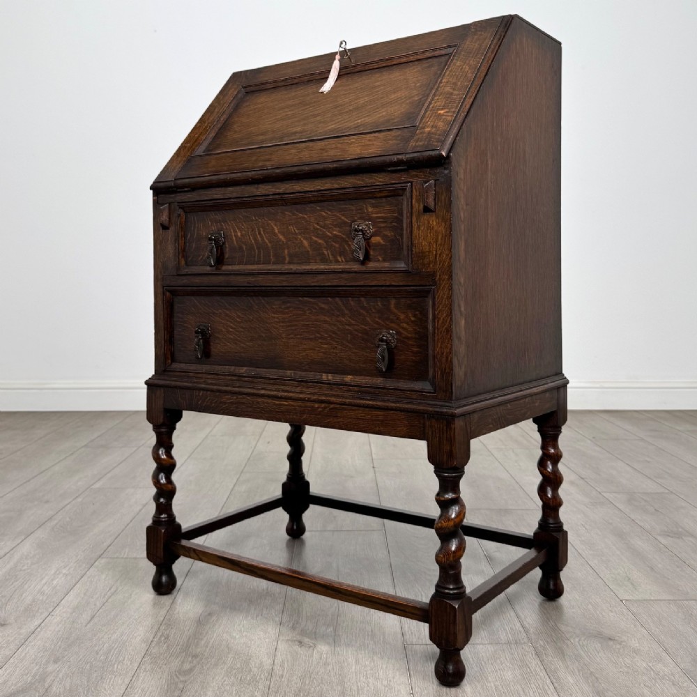 Antique Small Edwardian Oak Bureau | Barley Twist Legs | AF-6548 View III