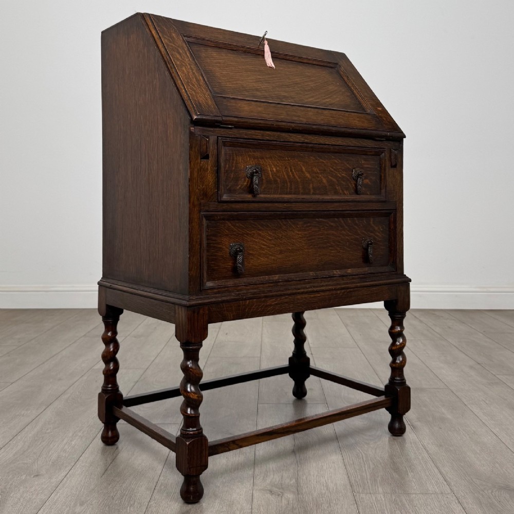 Antique Small Edwardian Oak Bureau | Barley Twist Legs | AF-6548 View IX