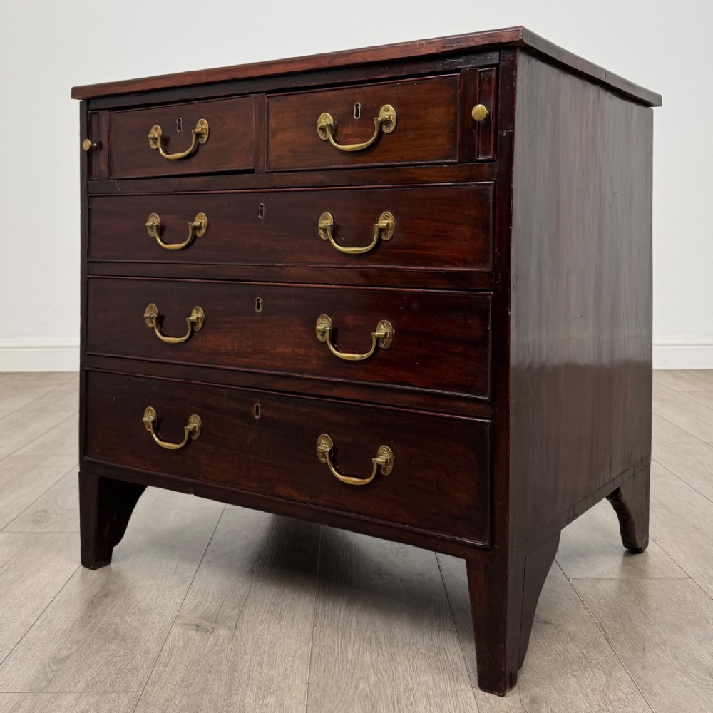 An 18th-century Georgian dark mahogany chest of drawers with two short drawers over three long drawers and brass swan-neck handles. View II