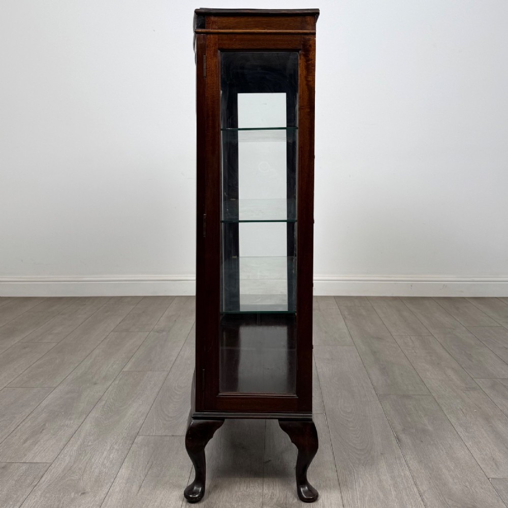 An Edwardian mahogany display cabinet featuring astragal glazed doors with gothic arches, interior glass shelves, and cabriole legs. View IV