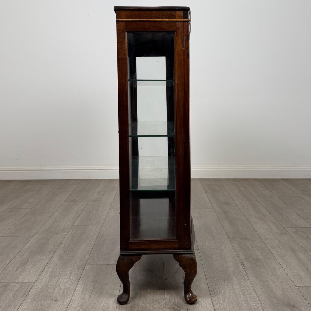An Edwardian mahogany display cabinet featuring astragal glazed doors with gothic arches, interior glass shelves, and cabriole legs. View VIII