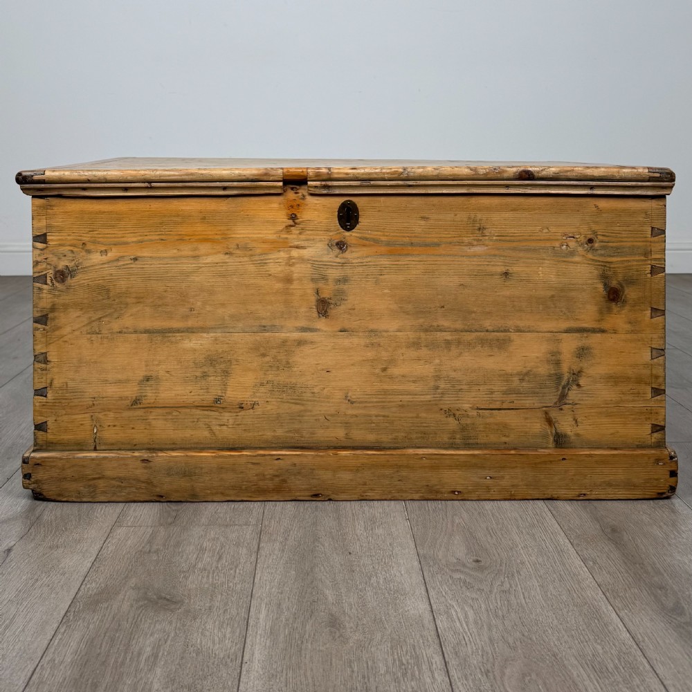 A rectangular nineteenth-century rustic pine blanket box with visible hand-cut dovetail joints, a central keyhole escutcheon, and a moulded base.