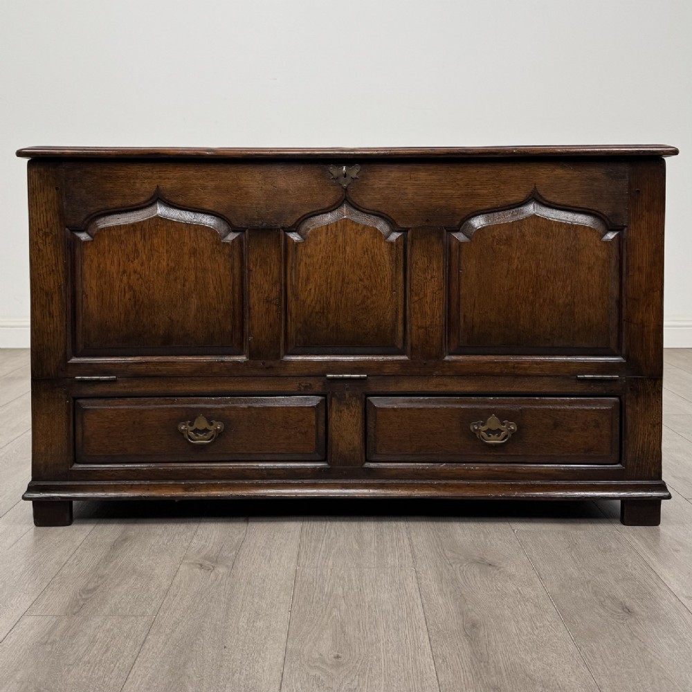 A dark oak Georgian style drop-front mule chest featuring three arched fielded panels and two lower drawers with brass swan-neck handles.
