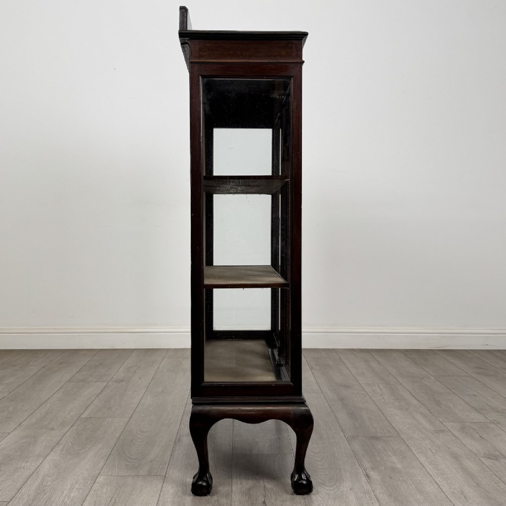 A dark mahogany display cabinet featuring two glazed doors with geometric arch bars and carved ball-and-claw feet. View VII
