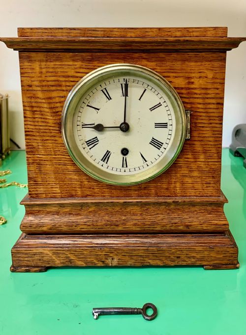 C1880 English Fusee Mantel Oak cased clock