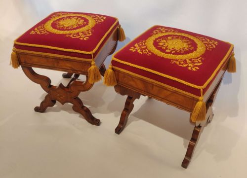 a very rare pair of regency satin birch shell inlaid stools - CATEGORY: ANTIQUE STOOLS - DATED REGENCY
